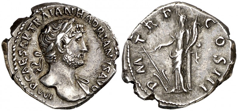 (121 d.C.). Adriano. Denario. (Spink 3521) (S. 1155a) (RIC. 86). 3,35 g. EBC-.EB...
