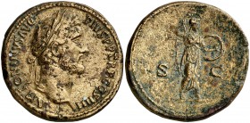 (146 d.C.). Antonino pío. Sestercio. (Spink 4220) (Co. 745) (RIC. 779). 24,48 g. Pequeña grieta. (MBC+).
