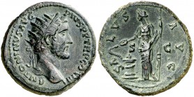 (144 d.C.). Antonino pío. Dupondio. (Spink 4283) (Co. 714) (RIC. 668). 14,48 g. Pátina verde. MBC+.