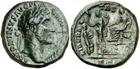 (145 d.C.). Antonino pío. As. (Spink falta) (Co. 512) (RIC. 821). 12,31 g. Pátina verde. Rara. MBC+.