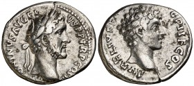 (141 d.C.). Antonino pío y Marco Aurelio. Denario. (Spink 4524) (S. 15) (RIC. 417a). 3,30 g. Escasa. MBC+.
