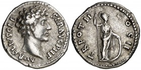 (148 d.C.). Marco Aurelio. Denario. (Spink 4787 var) (S. 608a) (RIC. 438b, de Antonino pío). 2,97 g. MBC+.