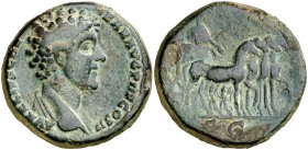 (146 d.C.). Marco Aurelio. Sestercio. (Spink 4810) (Co. 582) (RIC. 1246, de Antonino pío). 28,30 g. Pátina verde. MBC.