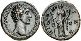 (144 d.C.). Marco Aurelio. As. (Spink 4828) (Co. 231) (RIC. 1236, de Antonino pío). 12,90 g. Ex Künker 25/09/2006, nº 553. MBC+.