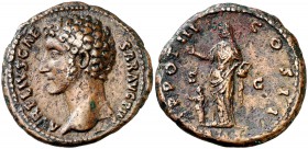 (148-149 d.C.). Marco Aurelio. As. (Spink 4835 var) (Co. 445 var) (RIC. 1293b, de Antonino pío). 11,03 g. MBC+/MBC.