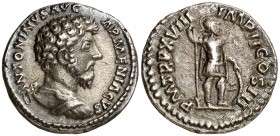 (164 d.C.). Marco Aurelio. Denario. (Spink 4919 var) (S. 468a) (RIC. falta). 3,26 g. Pequeña incisión en anverso. MBC+.