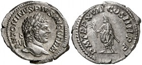 (214 d.C.). Caracalla. Denario. (Spink 6833) (S. 247) (RIC. 246). 3,10 g. MBC+.