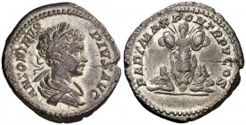 (202 d.C.). Caracalla. Denario. (Spink 6854) (S. 179a) (RIC. 65). 2,77 g. Grieta radial. MBC+.
