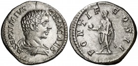 (208 d.C.). Geta. Denario. (Spink 7188) (S. 117) (RIC. 61a). 3,40 g. Grieta. MBC+.