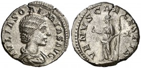 (220-222 d.C.). Julia Soaemias. Denario. (Spink 7719 var) (S. 8) (RIC. 241). 3,21 g. Pequeña grieta. Buen ejemplar. EBC-.