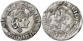 Enrique IV (1454-1474). Sevilla. Medio real. (AB. 701.4). 1,65 g. Orla circular en anverso y tetralobular en reverso. Escasa. MBC+.
