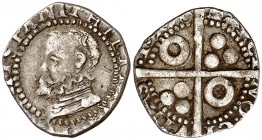 1596. Felipe II. Barcelona. 1/2 croat. (Cal. 698). 1,22 g. Algo recortada. Escasa. (MBC-).