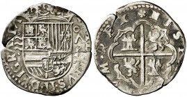 s/d. Felipe II. Valladolid. A. 1 real. (Cal. 688 var). 3,42 g. Armas de Flandes y Tirol intercambiadas. Escasa. MBC-.