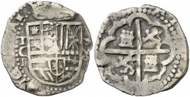1596. Felipe II. Toledo. C. 2 reales. (Cal. 575 var). 6,83 g. Ceca sin roel encima. Ex Áureo 02/02/1993, nº 390. Rara. BC+.