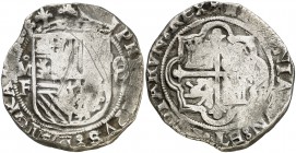 s/d. Felipe II. México. F. 8 reales. (Cal. 154 var.). 26,76 g. Sin el ordinal del rey. El 8 del valor rectificado sobre otro 8. Rayitas. Muy escasa. B...
