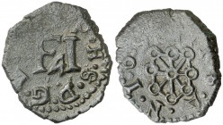 169 (sic). Felipe III. Pamplona. 4 cornados. (Cal. 719). 3,42 g. El 9 de la fecha poco visible. Escasa. (MBC+).