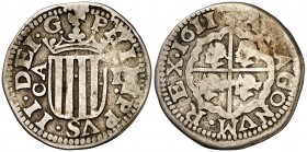 1611. Felipe III. Zaragoza. 1 real. (Cal. 524). 3 g. Escasa. MBC/MBC-.