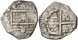 1603. Felipe III. Toledo. (C). 2 reales. (Cal. 404). 7 g. La fecha comienza a las 9h del reloj. Rara. MBC-.