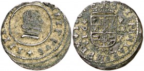 166(4). Felipe IV. Córdoba. TM. 16 maravedís. (Cal. falta) (J.S. M-73, mismo ejemplar). 3,87 g. Valor a izquierda y ceca y ensayador a derecha. Rara. ...