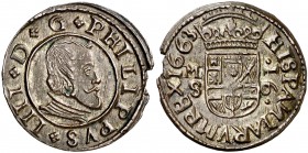 1663. Felipe IV. Madrid. S. 16 maravedís. (Cal. 1399) (J.S. M-380). 4 g. Leve defecto de cospel. Buen ejemplar. EBC-.