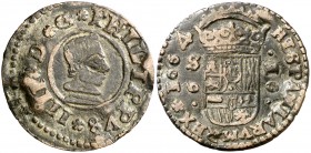 1664. Felipe IV. Sevilla. 16 maravedís. (Cal. tipo 365, falta var) (J.S. M-623). 3,83 g. Dígito 6 en lugar del ensayador. Rara. BC+/MBC-.