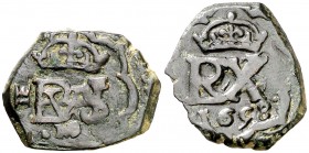 Felipe IV. Madrid. (Cal. pág. 370) (J.S. K-81). 2,69 g. Resello de valor 2 de 1658 sobre recorte o cospel virgen. El resello ocupa toda la moneda. Rar...