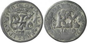 Felipe IV. Coruña. (Cal. pág. 370) (J.S. K-22) 5,21 g. Resello de valor 4 de 1659 sobre 8 maravedís del Ingenio 1602. (MBC-).