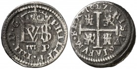 1627. Felipe IV. Segovia. P. 1/2 real. (Cal. 1195). 1,63 g. Acueducto de dos arcos. MBC-/MBC.