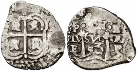 1653. Felipe IV. Potosí. E. 1 real. (Cal. 1053). 2,86 g. PH sobre las columnas. Doble ensayador. Rayitas. Escasa. BC+/MBC-.