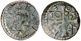 1642. Guerra dels Segadors. Oliana. 1 diner. (Cal. 185) (Cru.C.G. 4626) . 0,79 g. Lluís XIII. Rayitas. Rara. (MBC-).