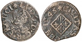 1643. Guerra dels Segadors. Vic. 1 diner. (Cal. 229) (Cru.C.G. 4681 var). 1,54 g. Lluís XIV. BC+/MBC-.