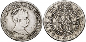 1838. Isabel II. Sevilla. DR. 4 reales. (Cal. 314). 5,99 g. Rayitas. Escasa. BC+/MBC-.