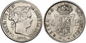 1864. Isabel II. Sevilla. 4 reales. (Cal. 334). 5 g. Rayitas. Escasa. MBC-.