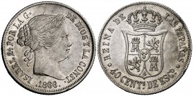 1866. Isabel II. Madrid. 40 céntimos de escudo. (Cal. 338). 5,15 g. Golpecito. Buen ejemplar. MBC+.