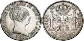 1853. Isabel II. Barcelona. 10 reales. (Cal. 208). 12,95 g. Golpe en canto y rayitas. MBC+.
