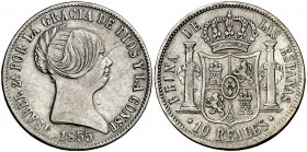 1855. Isabel II. Barcelona. 10 reales. (Cal. 210). 12,88 g. Rayitas. Escasa. MBC.