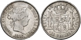 1857. Isabel II. Madrid. 10 reales. (Cal. 226). 12,76 g. Escasa. BC+/MBC-.