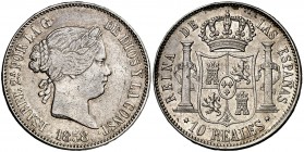 1858. Isabel II. Madrid. 10 reales. (Cal. 227). 12,94 g. Leves golpecitos. Parte de brillo original. Rara. MBC/MBC+.