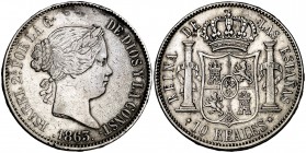 1863. Isabel II. Madrid. 10 reales. (Cal. 232). 12,82 g. Golpecitos. MBC-/MBC.