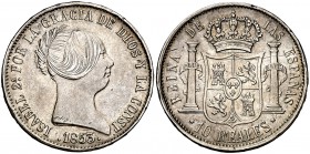 1853/2. Isabel II. Sevilla. 10 reales. (Cal. 239). 12,88 g. Golpecitos. Escasa. MBC.