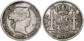 1863. Isabel II. Sevilla. 10 reales. (Cal. 249). 12,82 g. Escasa. MBC-.