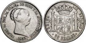 1852. Isabel II. Madrid. 20 reales. (Cal. 173). 25,74 g. Golpecitos. BC+/MBC-.