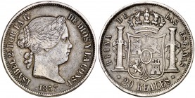 1857. Isabel II. Madrid. 20 reales. (Cal. 179). 25,81 g. MBC/MBC-.