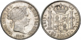 1858. Isabel II. Madrid. 20 reales. (Cal. 180). 25,72 g. Golpecitos. Bonita pátina. MBC-/MBC.