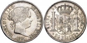 1861. Isabel II. Madrid. 20 reales. (Cal. 183). 26,10 g. Golpecitos. Buen ejemplar. MBC/MBC+.
