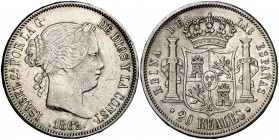 1862. Isabel II. Madrid. 20 reales. (Cal. 184). 25,79 g. Leves rayitas. MBC-/MBC.