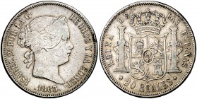 1863. Isabel II. Madrid. 20 reales. (Cal. 185). 25,53 g. Golpe en canto. Muy escasa. BC+/MBC-.