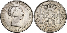 1851. Isabel II. Sevilla. 20 reales. (Cal. 190). 25,73 g. Escasa. BC+/MBC-.