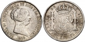 1852. Isabel II. Sevilla. 20 reales. (Cal. 191). 25,63 g. Golpecitos. Escasa. MBC-.