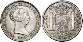 1854. Isabel II. Sevilla. 20 reales. (Cal. 192). 25,86 g. Golpecitos y rayitas. Escasa. MBC-/MBC.